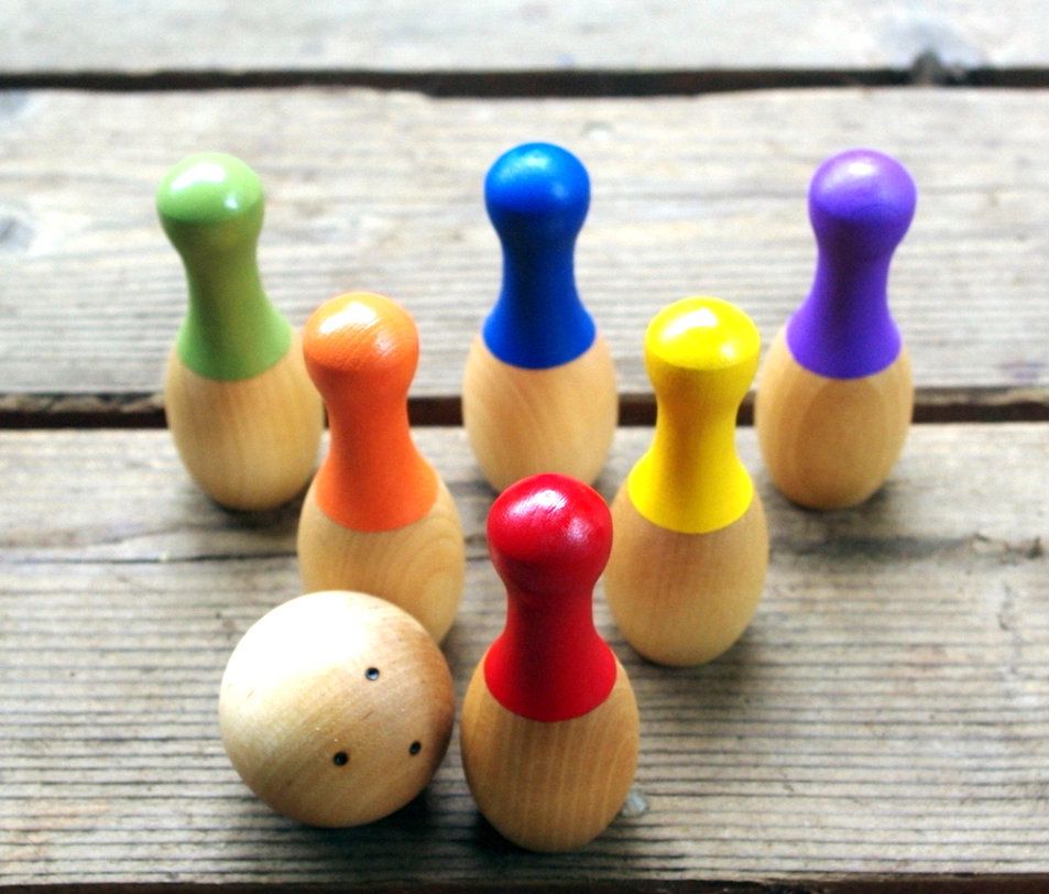 NEW Wooden Waldorf Toy Bowling Set ~ RAINBOW NEW Wooden Waldorf Toy Bowling Set ~ RAINBOW
