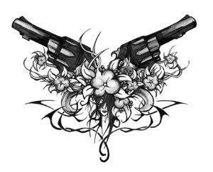 guns and roses with tribal tattoo design