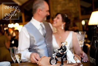 grooms cake with bride and groom on motorcycle